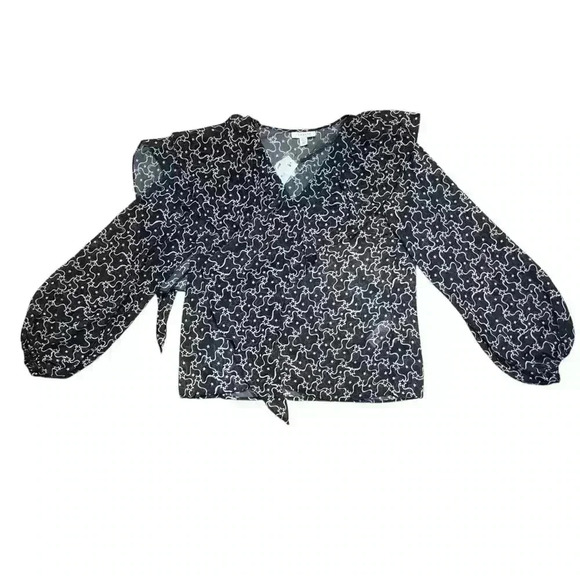 TopShop Sheer Navy Blue Red Star Print Ruffled Tiered Long Sleeve Blouse Size 4 - Picture 2 of 8